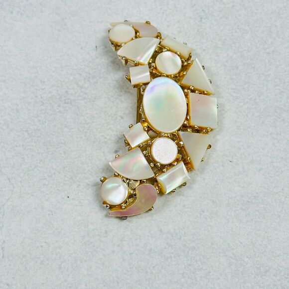 VTG Brooch Earrings Mother of Pearl Mosaic Geometric Gold Tone Unique Estate - Picture 9 of 14